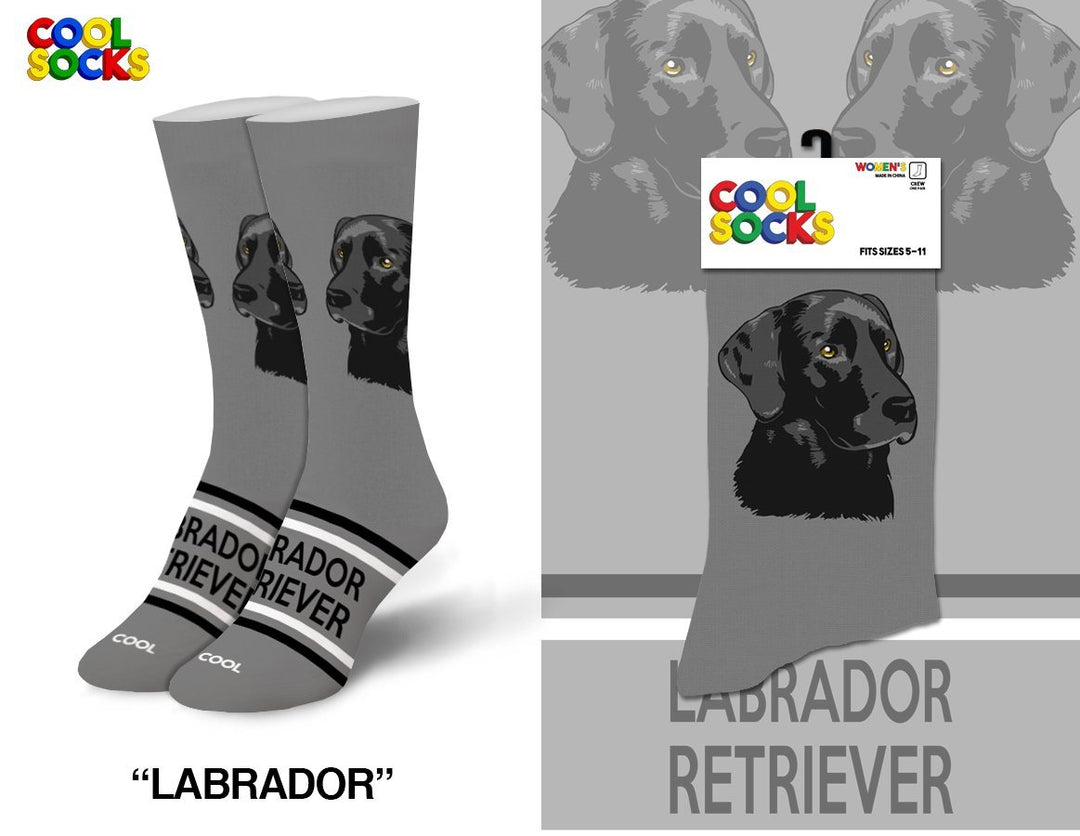 Pair of women's gray Labrador Retriever crew socks with a black Lab portrait, black-and-white stripes and the breed name, beside the packaged pair