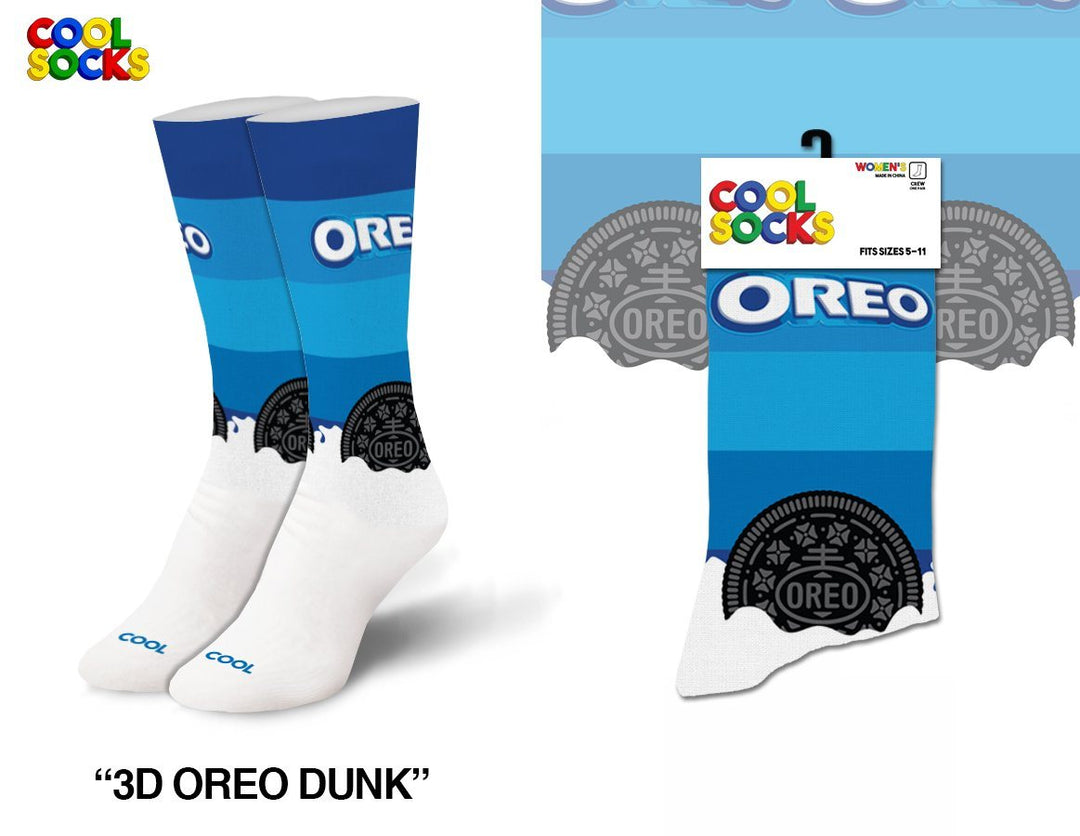 Pair of women's blue Oreo crew socks with the Oreo logo and a cookie dunking into white milk at the foot, beside the packaged pair