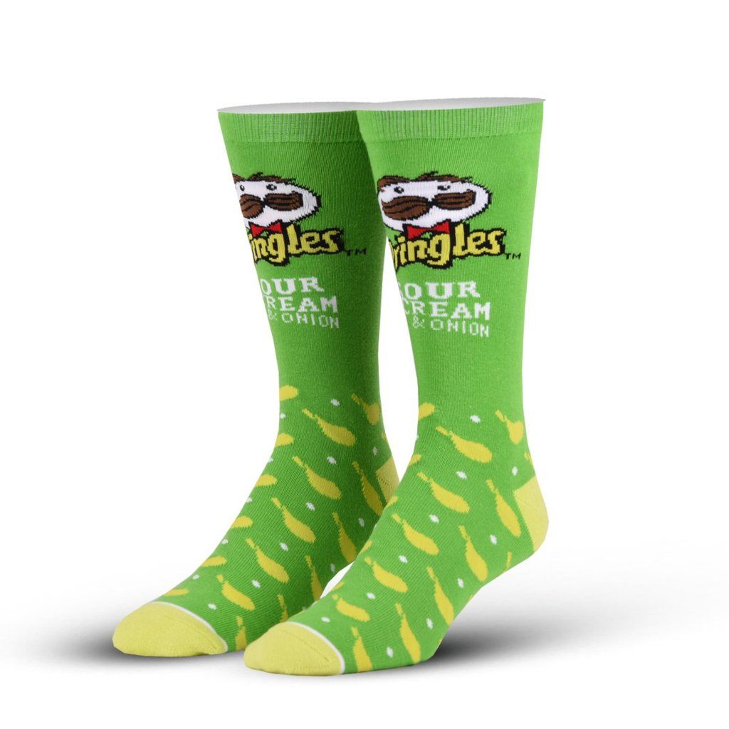 Pair of green men's crew socks with the Pringles Mr. Pringle logo, "Sour Cream & Onion" text, and tumbling chips
