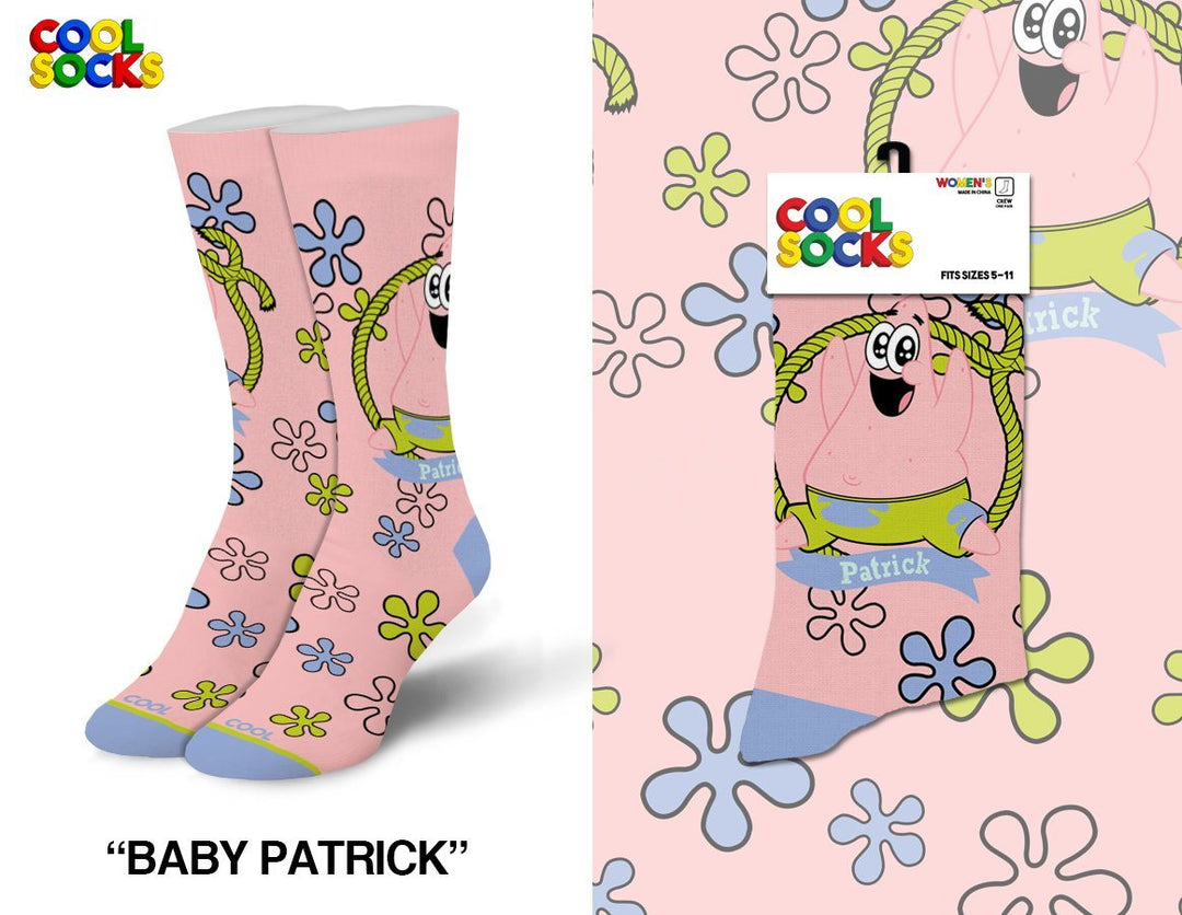 Pair of women's pink crew socks featuring a grinning baby Patrick in a rope frame with lime and blue flowers, beside the packaged pair