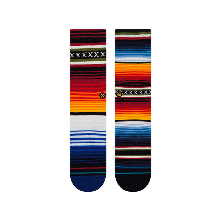 Flat back view of the Curren striped socks laid side by side showing the full stripe pattern and heel