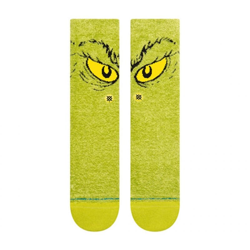 Men's fuzzy Grinch crew socks, flat back view with green leg and yellow toe