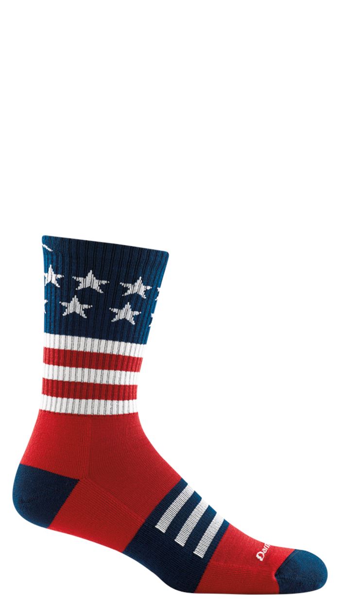 Pair of men's navy micro crew socks with white stars and red-and-white stripes plus red toes