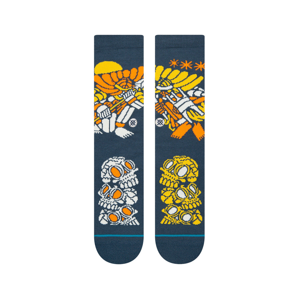 Top-down view of the DJ Warrior crew socks showing warrior figures and sugar skulls