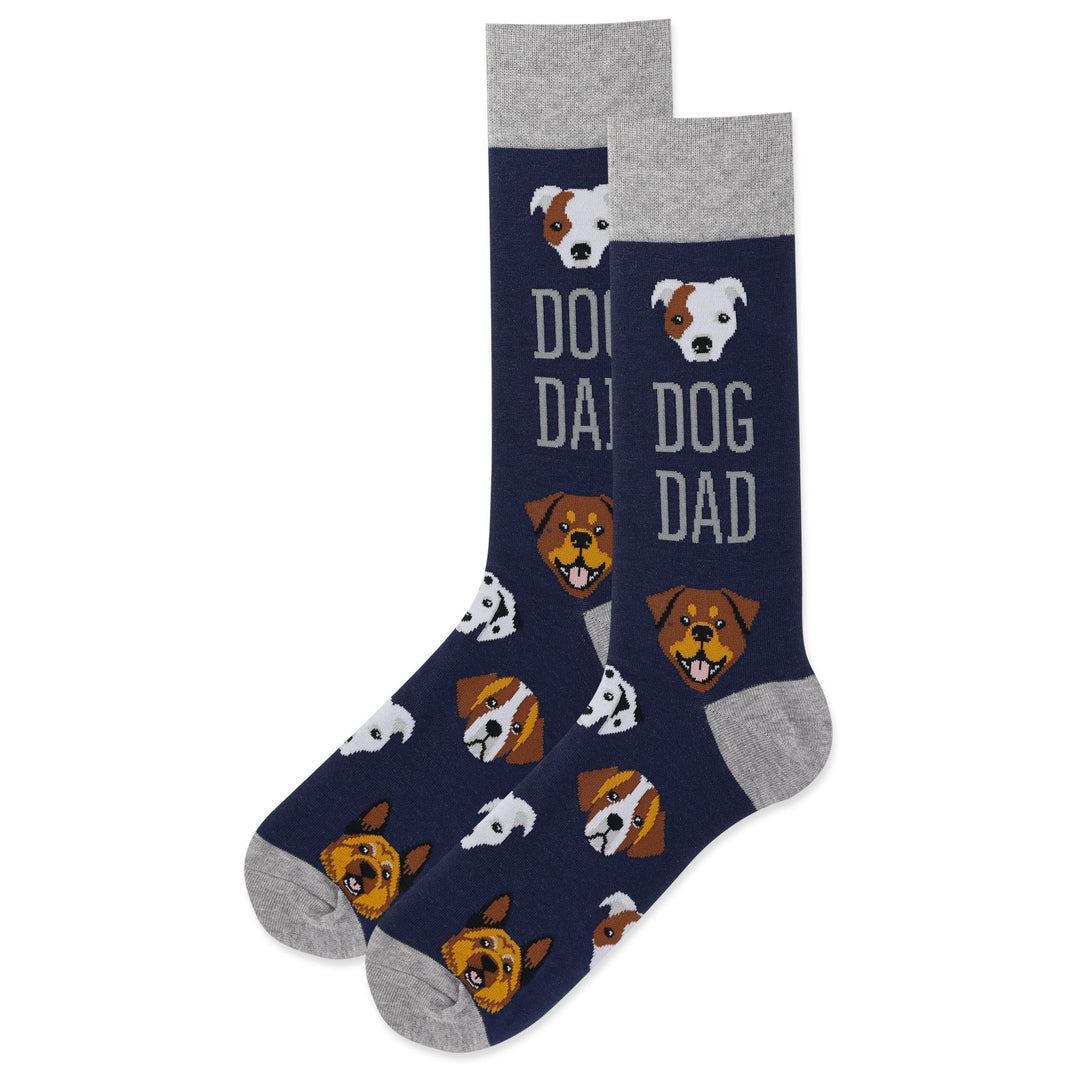 Men's navy crew socks reading DOG DAD with assorted cartoon dog faces and grey cuff, heel, and toe