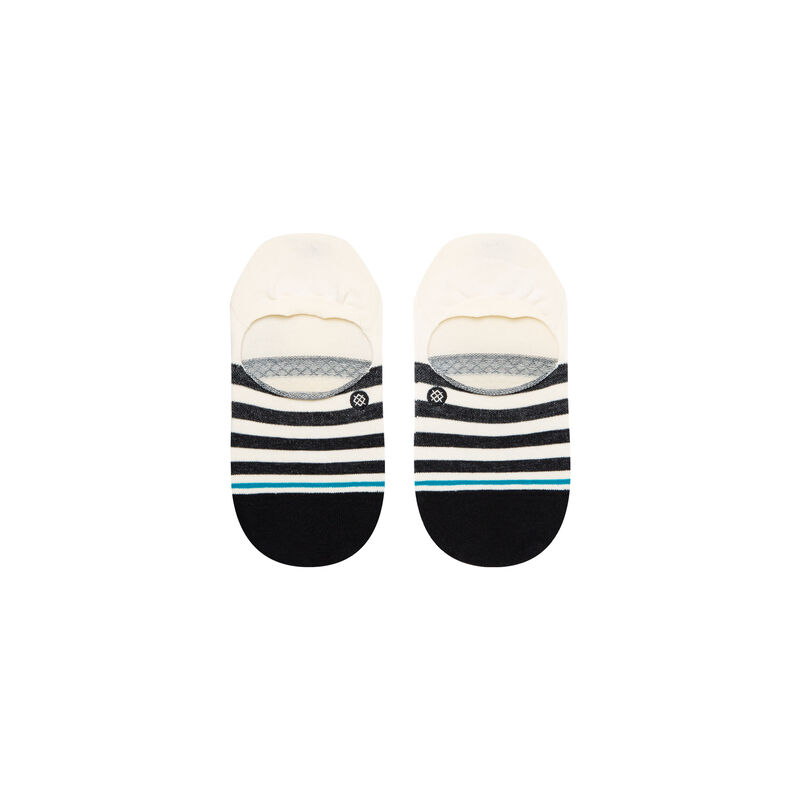 Top-down view of women's cream no-show socks showing the striped toe detail