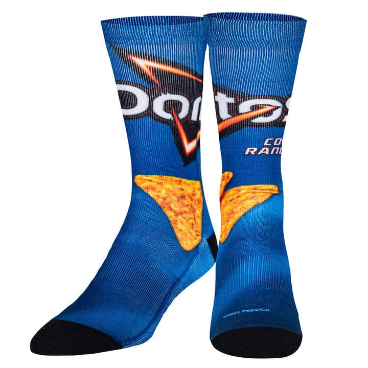 Front view of Cool Ranch Doritos crew socks showing the bag graphic and black toes