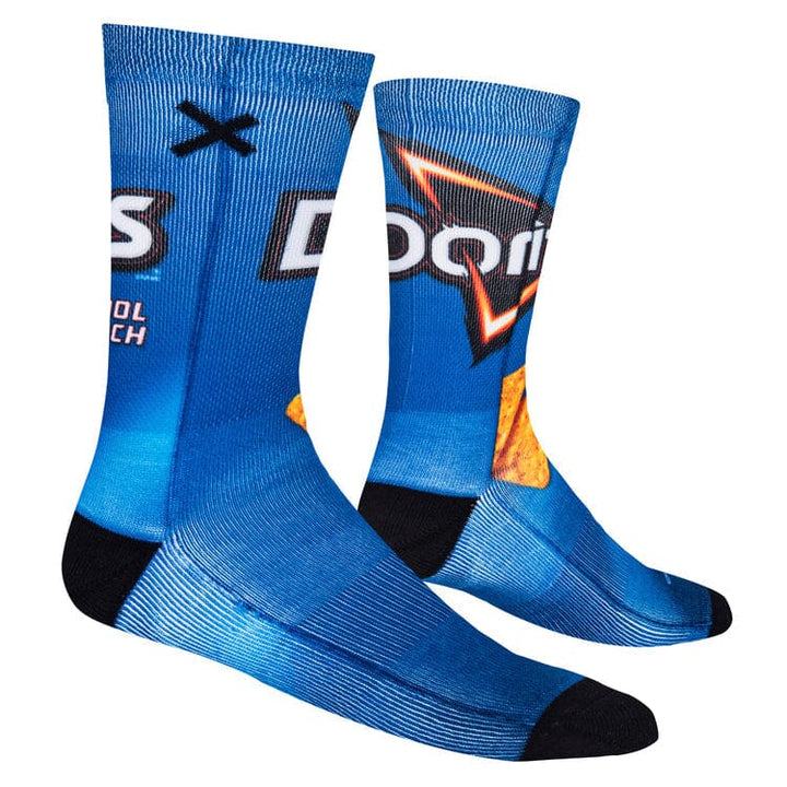 Side angle of the blue Doritos socks revealing more of the bag print and black heel
