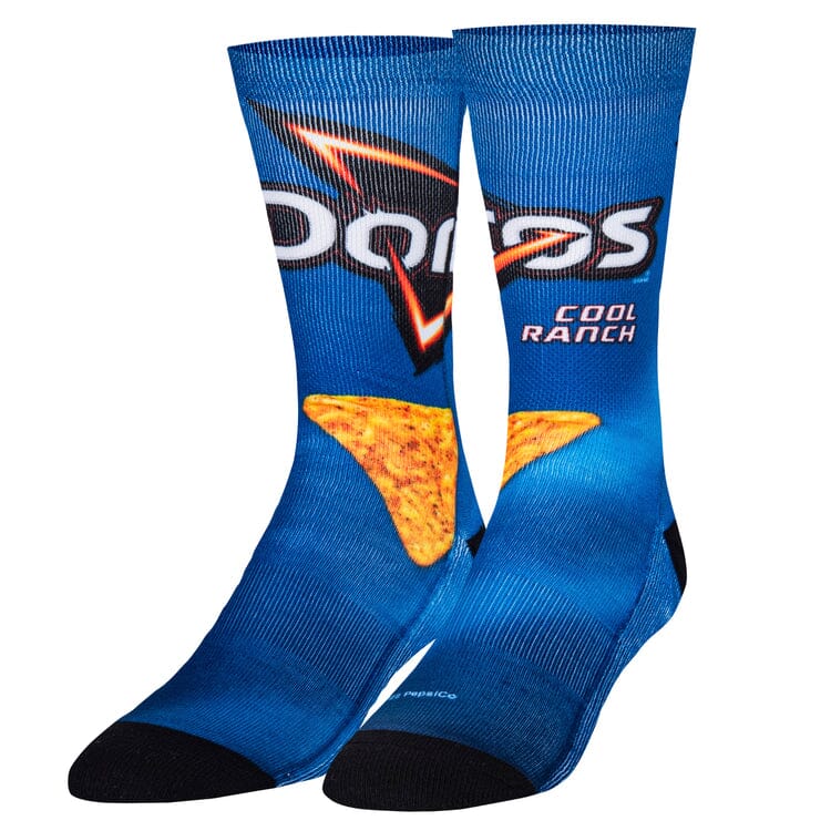Pair of men's crew socks printed like a blue Doritos Cool Ranch bag with logo and a triangle chip