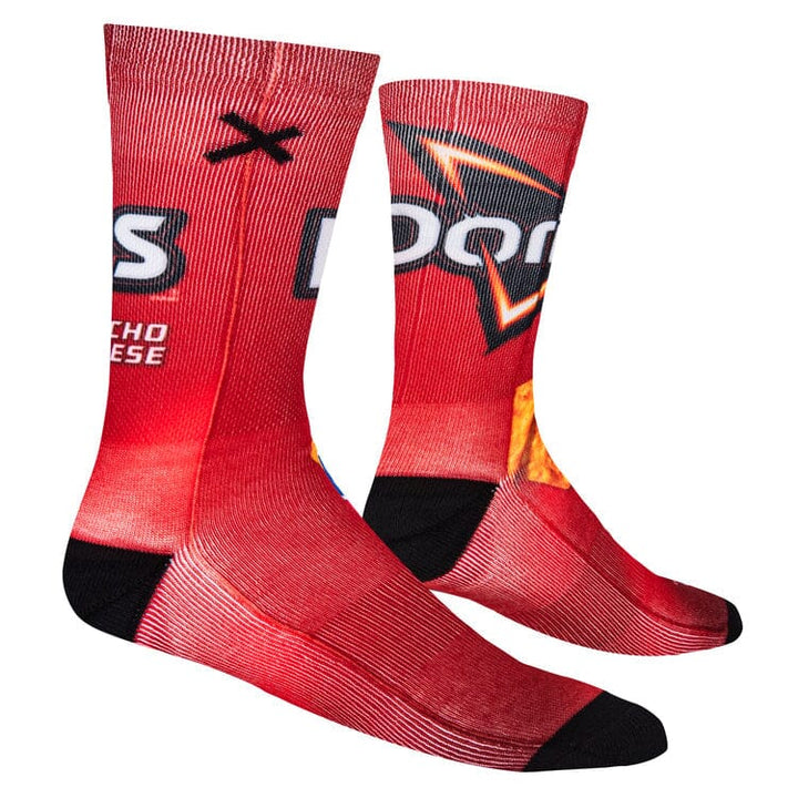 Side angle of the Doritos socks revealing more of the red bag print and black heel