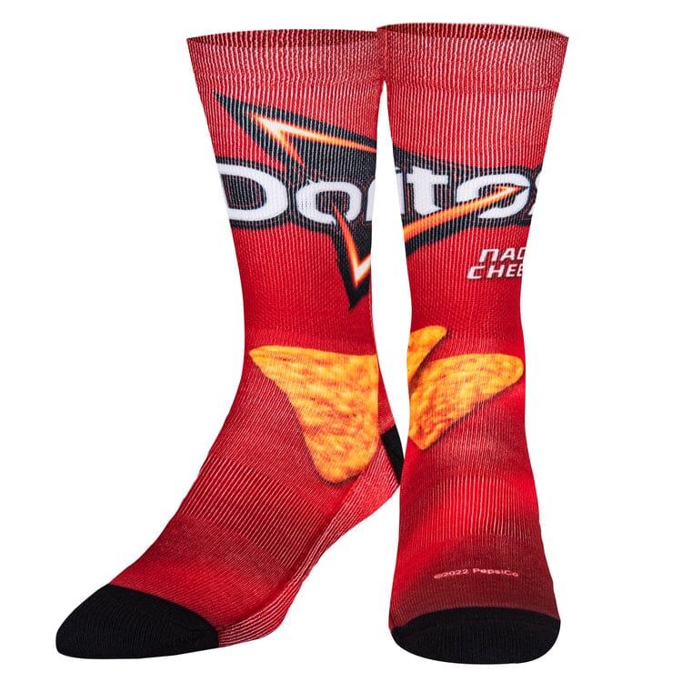 Front view of Doritos crew socks showing the bag graphic, Nacho Cheese label, and black toes