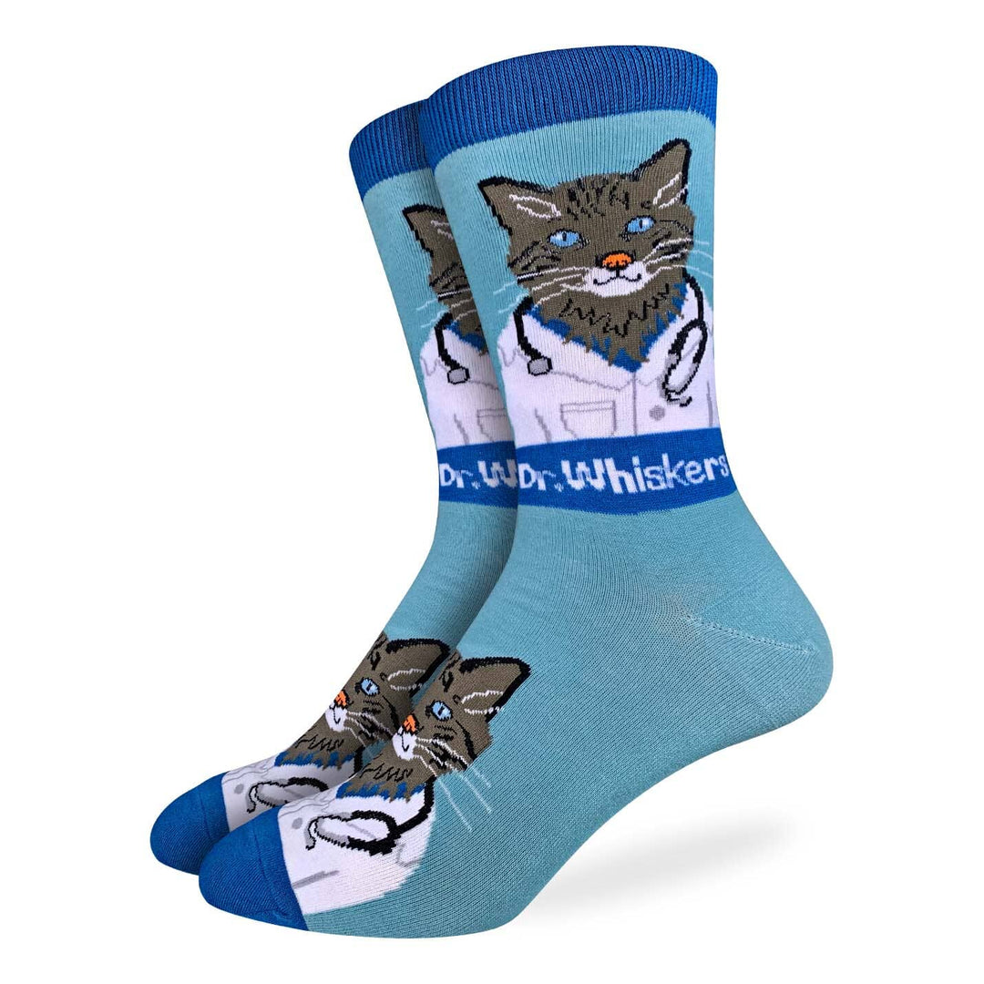 Two-tone blue crew socks showing a gray tabby cat in a white doctor's coat and stethoscope with a Dr. Whiskers banner