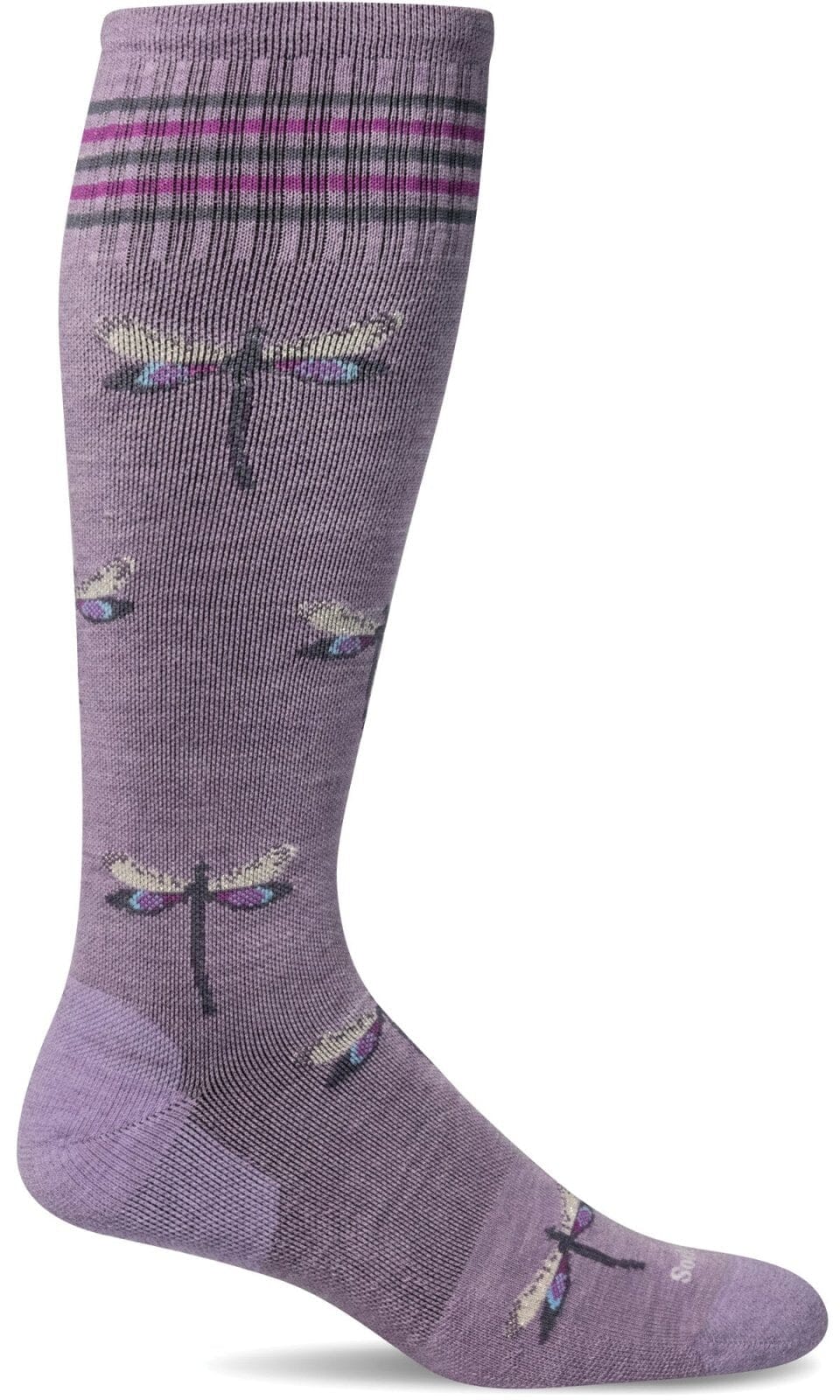 Women's lavender Dragonfly knee-high compression sock with golden dragonfly motifs and a striped cuff, side profile