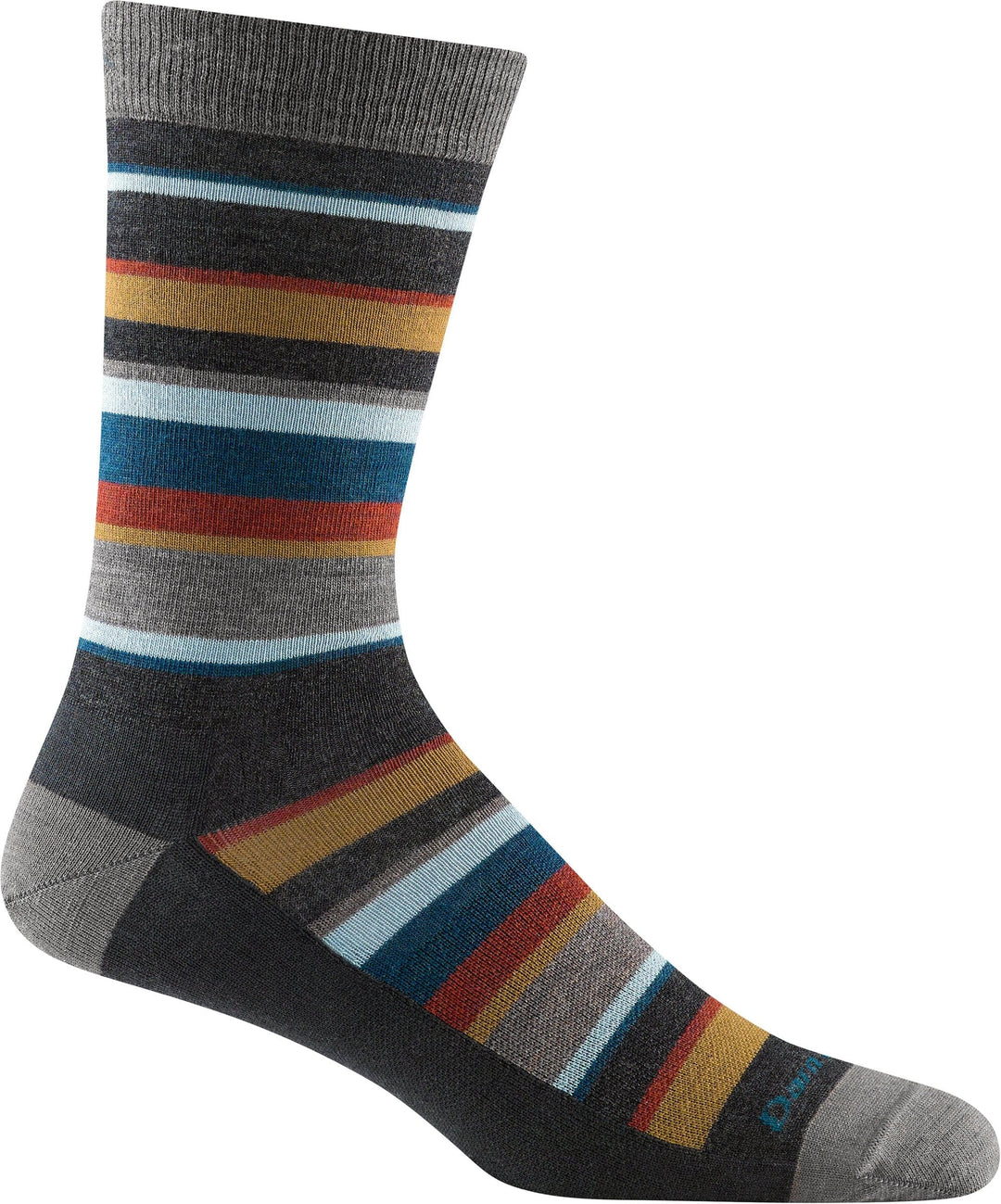 Men's charcoal crew sock with multicolor stripes, flat side view