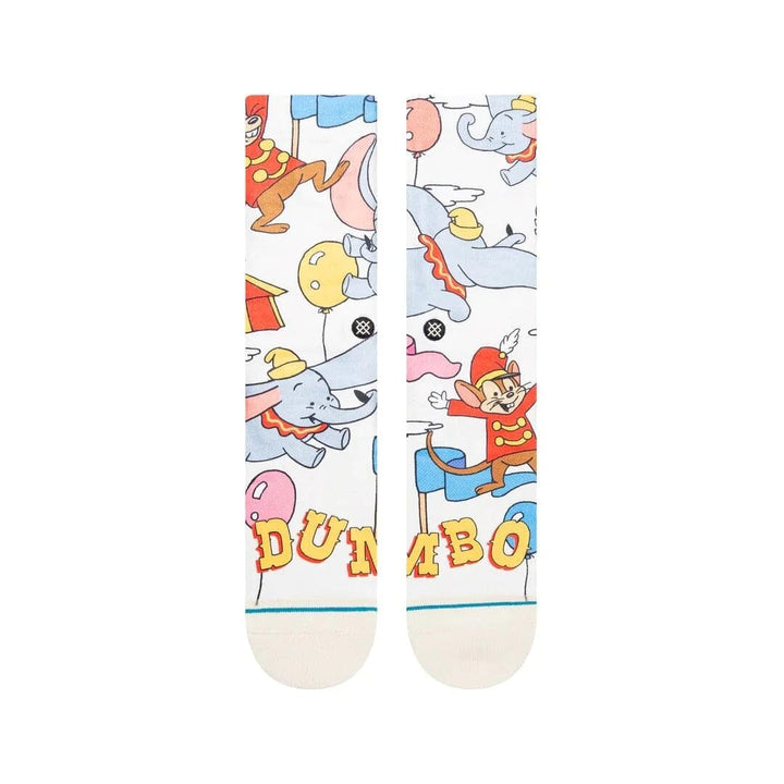 Back view of the Dumbo socks showing scattered elephants, balloons, and the DUMBO lettering