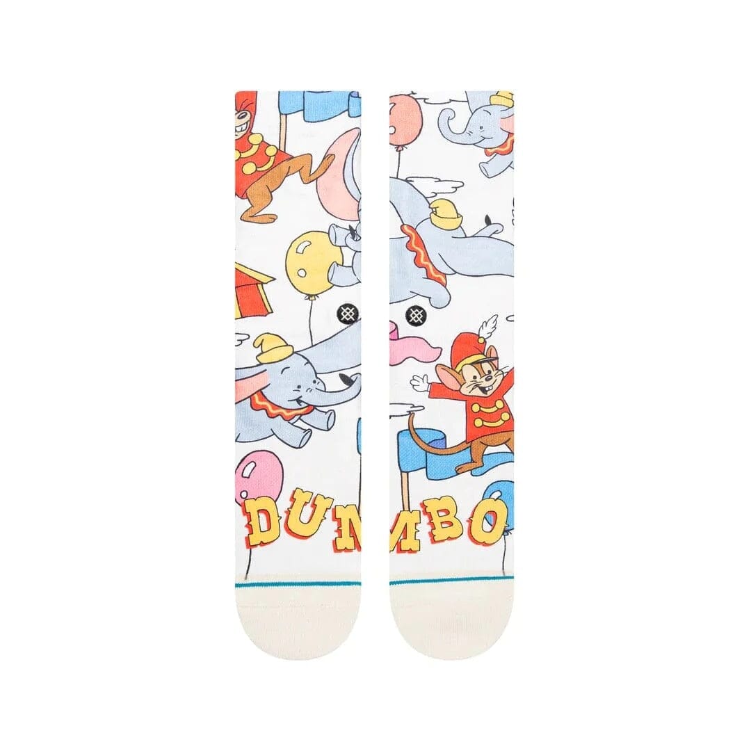 Back view of the Dumbo socks showing scattered elephants, balloons, and the DUMBO lettering