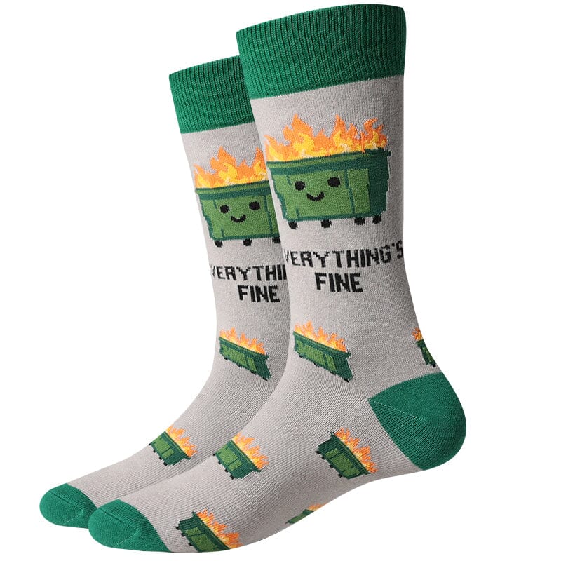 Men's Dumpster Fire crew socks, flat front view with a smiling flaming green dumpster and Everything's Fine text