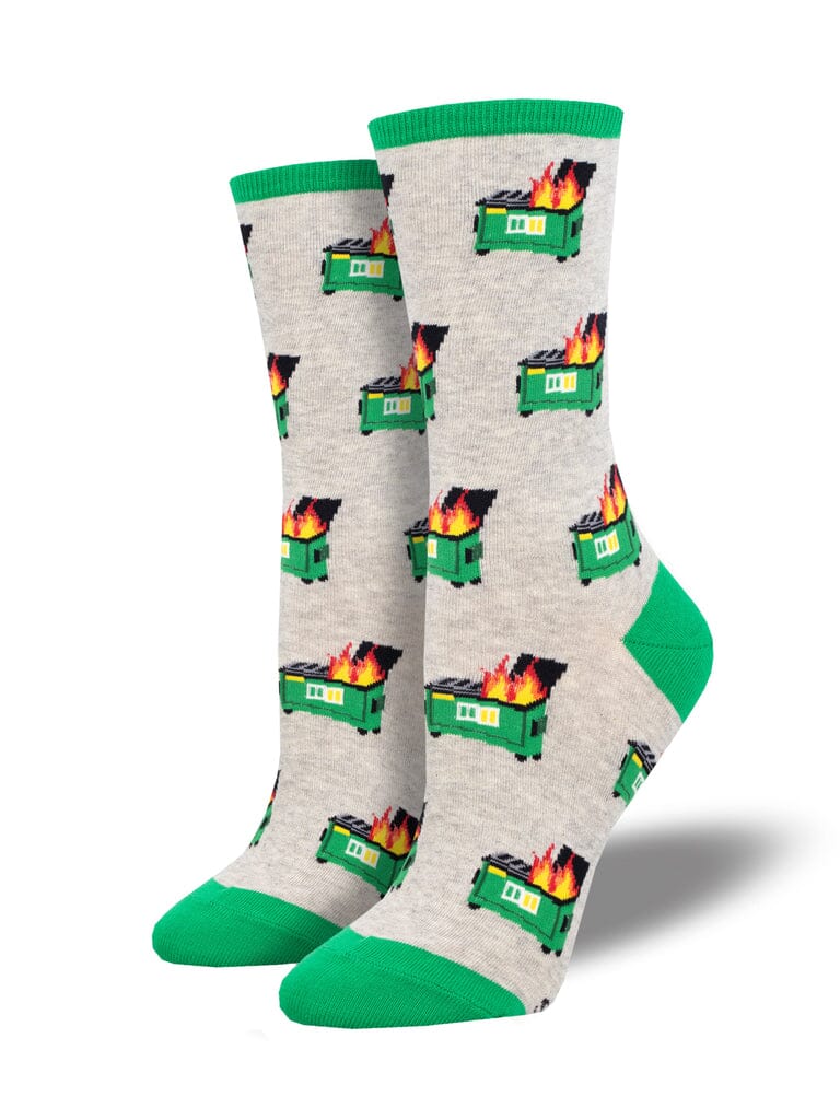 Women's dumpster fire crew socks in grey with green dumpsters on fire, flat product shot