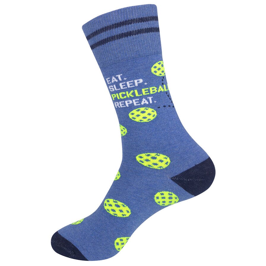 Side view of the periwinkle pickleball sock showing scattered yellow balls and the text panel