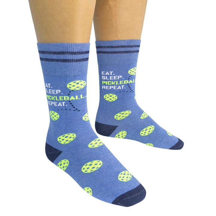 Pair of periwinkle pickleball socks worn on a model&