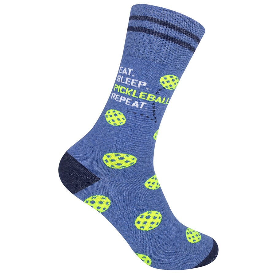 Periwinkle blue crew sock with neon-yellow pickleballs, navy stripes, and text Eat Sleep Pickleball Repeat, on a foot form