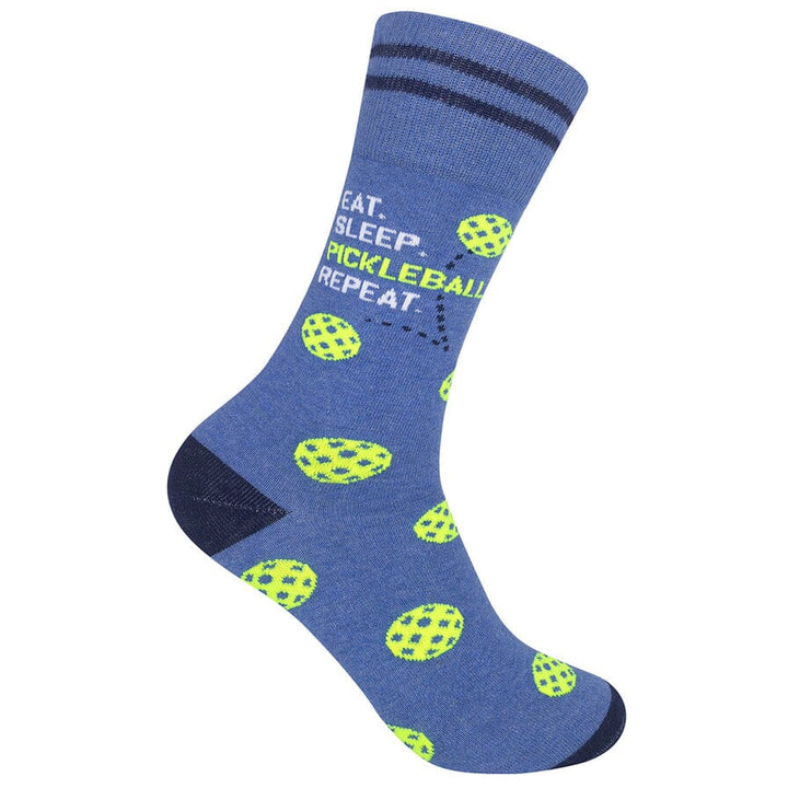 Periwinkle blue crew sock with neon-yellow pickleballs, navy stripes, and text Eat Sleep Pickleball Repeat, on a foot form