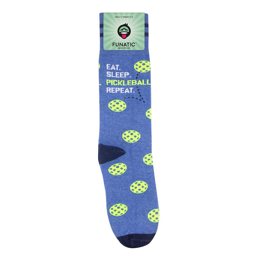 Flat periwinkle pickleball sock with green Funatic label and full Eat Sleep Pickleball Repeat text