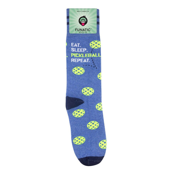 Flat periwinkle pickleball sock with green Funatic label and full Eat Sleep Pickleball Repeat text