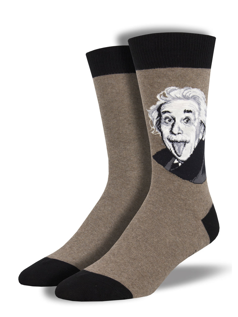 Pair of men's brown crew socks featuring Albert Einstein's tongue-out portrait with black cuff, heel, and toe
