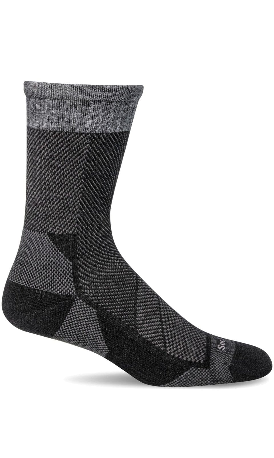 Black crew-height compression sock with gray herringbone leg, marled gray cuff, and dark heel and toe, shown on a foot form