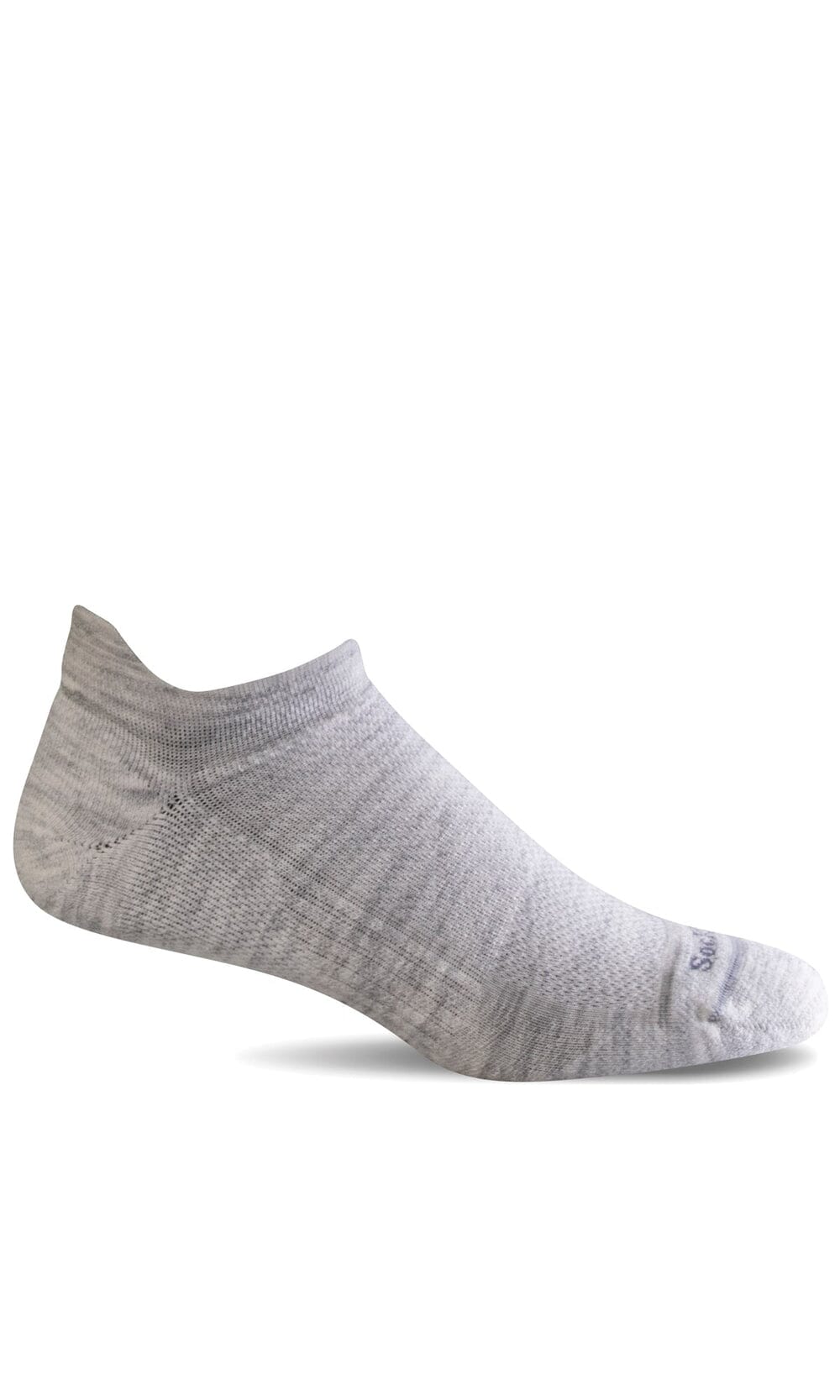 Heathered light gray low-cut no-show compression sock with subtle mesh knit, shown on a foot form