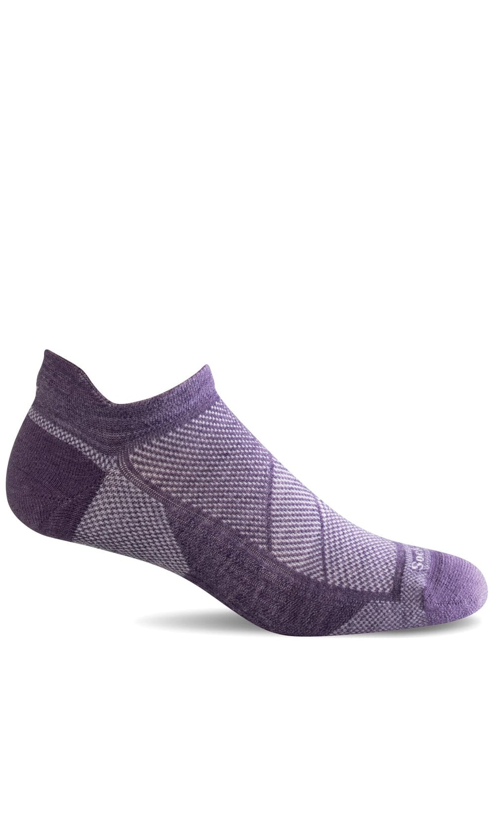 Heathered purple low-cut no-show compression sock with lilac diamond knit and tab heel, shown on a foot form