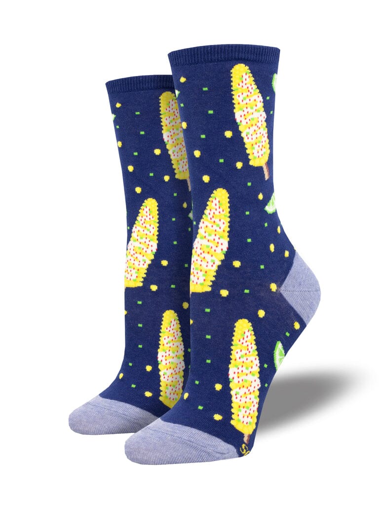 Women's elote crew socks in blue with Mexican street corn on a stick, flat product shot