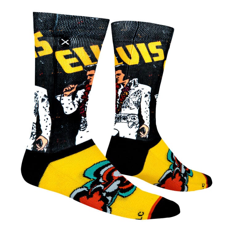 Angled view of two Elvis Rock N' Roll crew socks showing the photoreal jumpsuit image and gold lettering