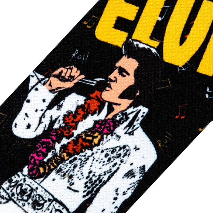 Close-up detail of the Elvis sock fabric, showing Elvis singing in his studded white suit and lei