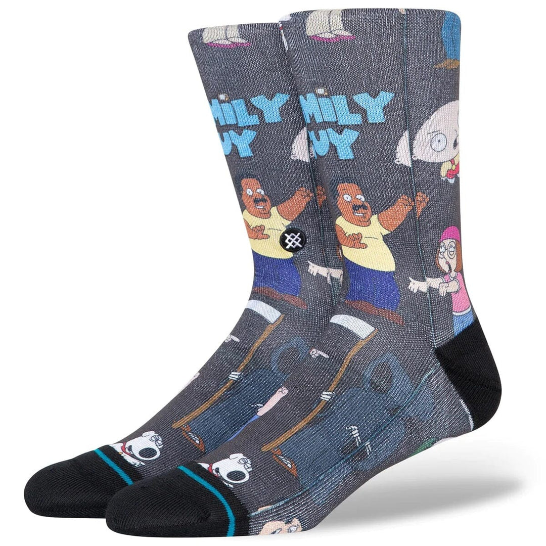 Women's Family Guy crew socks laid flat showing Stewie, Cleveland, Meg and Brian on a gray print