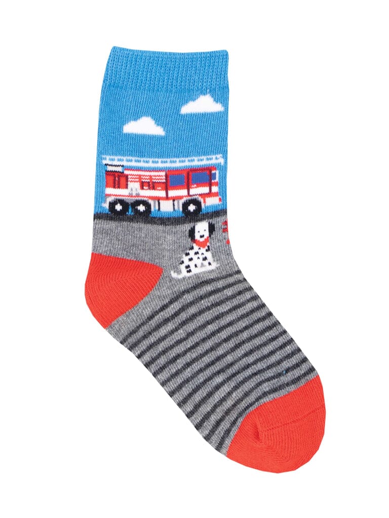 Kids' fire engine crew socks, flat lay showing a red fire truck and Dalmatian over gray-striped foot