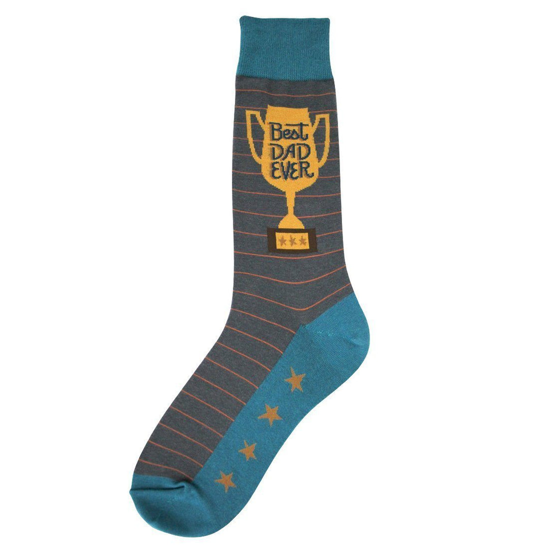 Single men's charcoal pinstriped crew sock with a gold 'Best Dad Ever' trophy and a star-printed teal sole