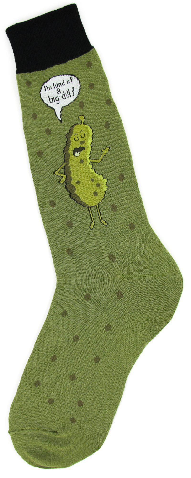 Single olive green crew sock with brown polka dots and a cartoon pickle saying I'm kind of a big dill