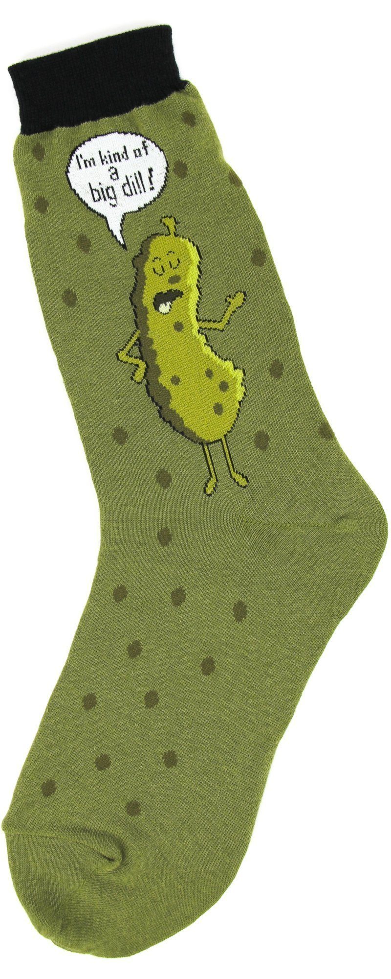 Green women's crew sock with a cartoon pickle in a speech bubble reading "I'm kind of a big dill"