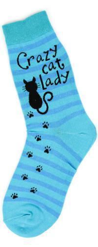 Aqua striped women's crew sock reading Crazy Cat Lady with a black cat and paw prints