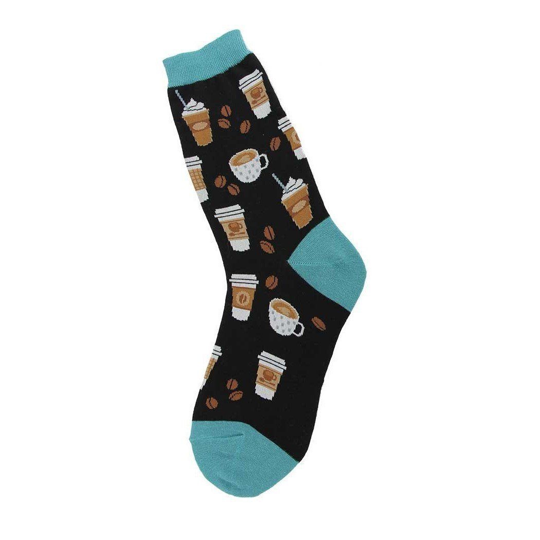 Women's black crew sock printed with coffee cups, lattes, iced drinks, and roasted beans; teal cuff, heel, and toe.