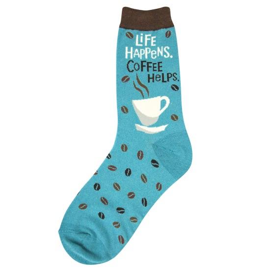 Women's teal crew sock printed with a white coffee cup, scattered beans and the words 'Life Happens. Coffee Helps.,' with brown cuff and heel