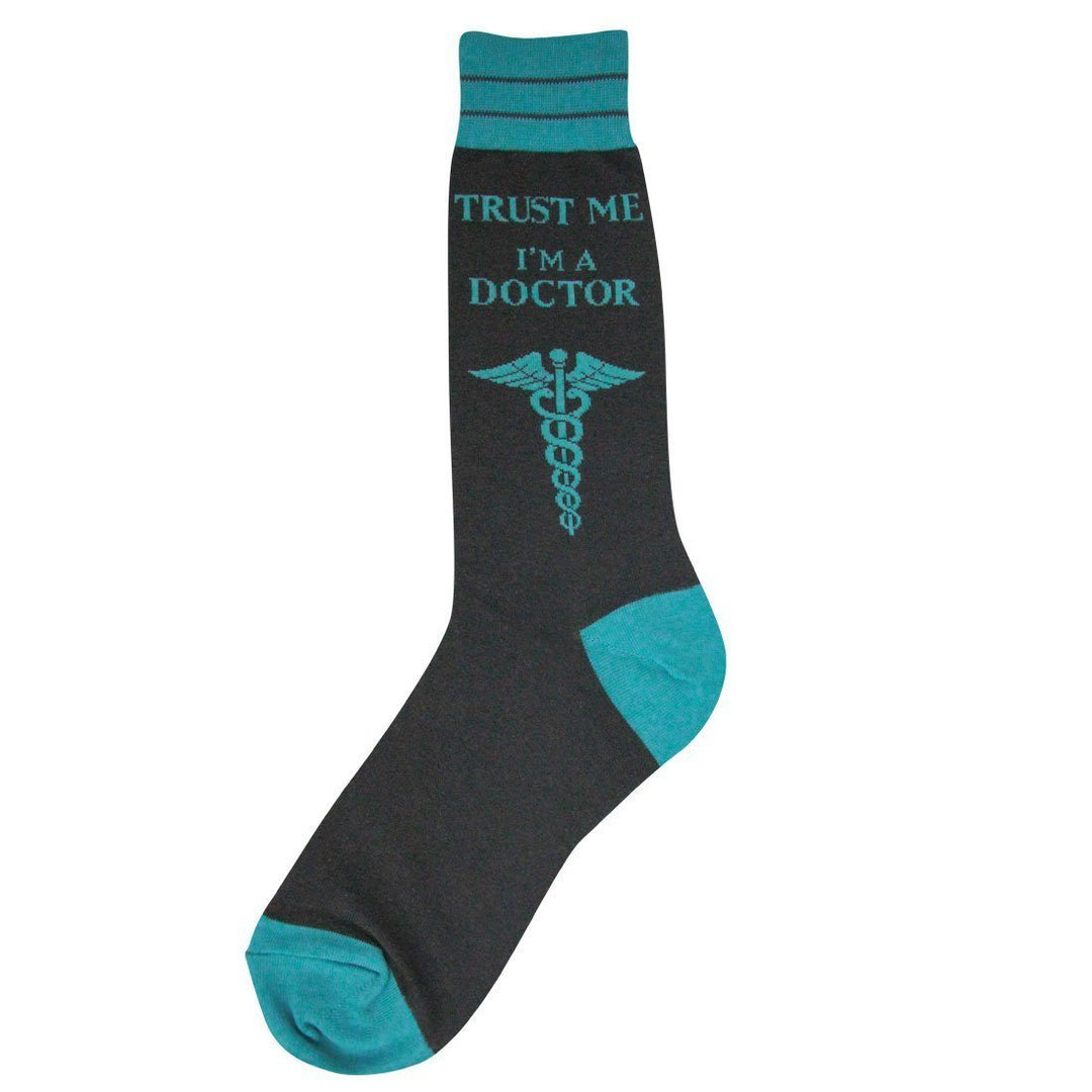 Single men's charcoal crew sock reading 'Trust Me I'm a Doctor' with a teal caduceus symbol and striped cuff