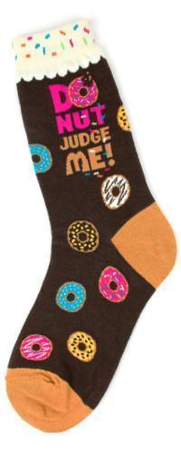 Brown crew sock with colorful glazed donuts reading Do Nut Judge Me and a sprinkle ruffle cuff, orange toe