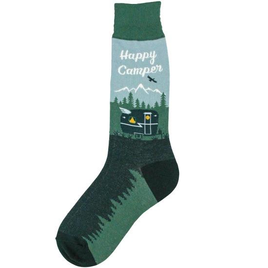 Men's green crew sock featuring a "Happy Camper" scene with a vintage trailer, pines, and snowy mountains