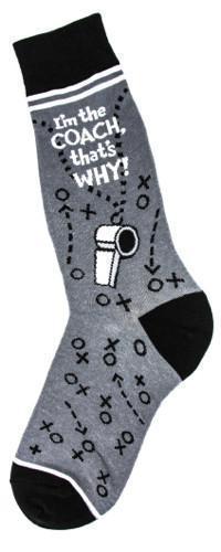 Heather gray crew sock reading I'm the Coach that's Why with a whistle and X and O play diagrams, black cuff and heel