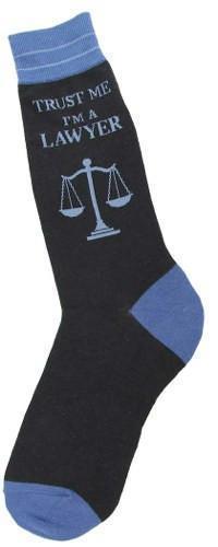 Navy men's crew sock reading Trust Me I'm a Lawyer with scales of justice in blue