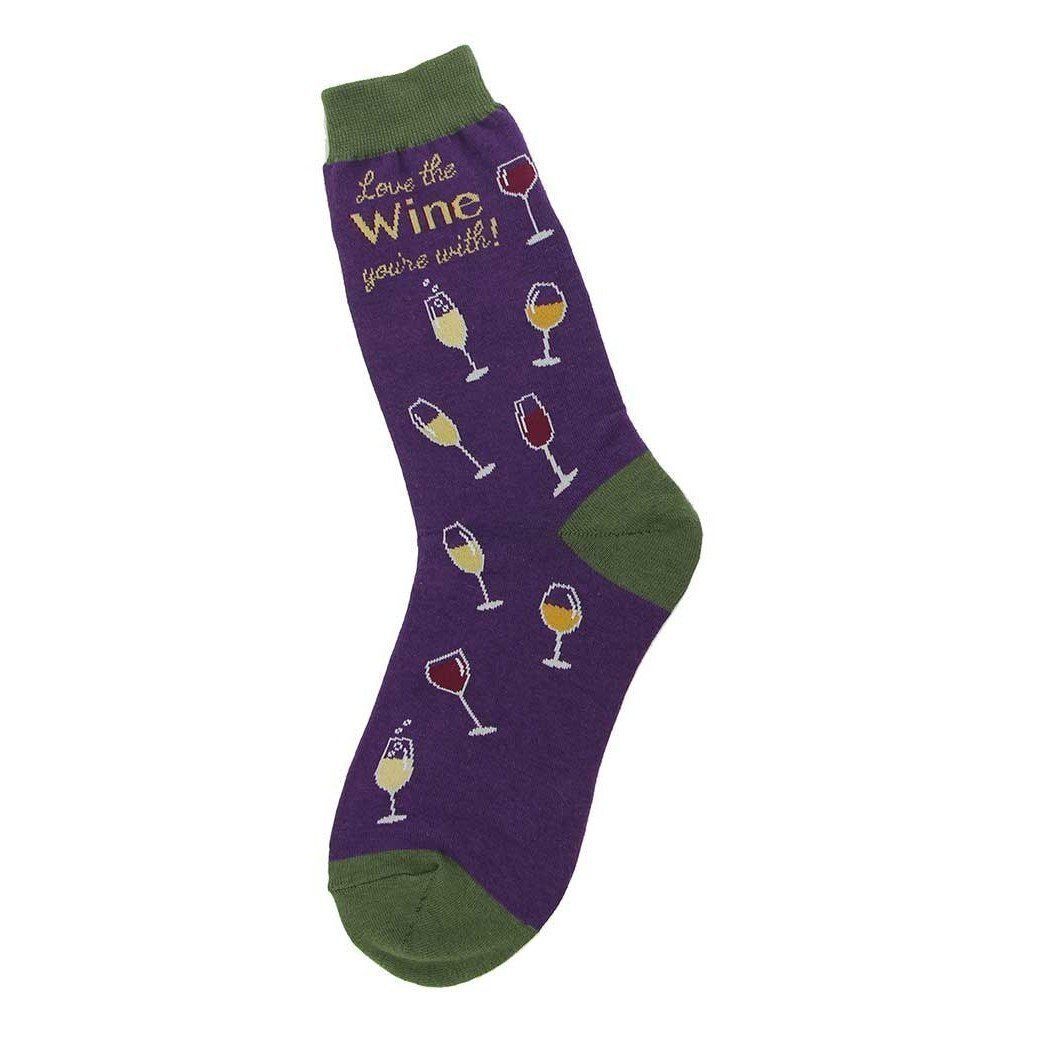 Women's purple wine crew socks reading Love the Wine You're With