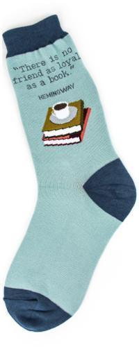Mint green crew sock with a Hemingway book quote, stacked books and a coffee cup, navy heel and toe